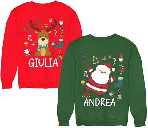 Colorfamily Coppia Felpe Natale Personalizzabili con Nome Babbo Natale e Renna - Felpa Girocollo Lui e Lei - Maglioni Natalizi Divertenti