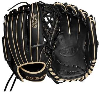 Wilson A700 - Guante de béisbol para lanzador de béisbol de 12 pulgadas, negro/rubio, lanzamiento a mano izquierda
