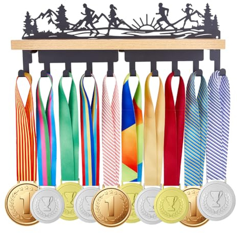 SUPERDANT Skogslöparning, trofé och medaljvisningshylla, medaljhängare, hållare som visar med 10 krokar, tävlingsmedaljdisplay och medaljhängare med trähylla för löpning, prisförvaring