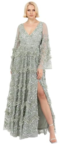 Maya Deluxe dam dam maxiklänning V-halslinje paljett med ruffle Empire midja slit split för bal boll bridesmaid bröllop gästklänning, Grön lilja, 50
