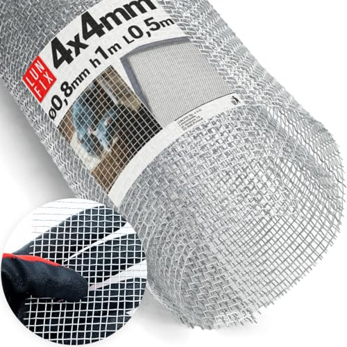 Malla de Alambre galvanizada fina 4x4mm Ø0,8mm 1x0,5m para ventilación y aireación, rejilla y tela metalica tipo pajarera y gallinera, malla metalica para protección contra insectos y ratones
