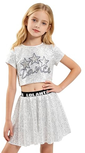 LOLANTA Abiti da Ballo per Ragazze con Paillettes, Abiti da Ballo Hip Hop Jazz Scintillanti, Top Corti con Gonna, argento, 6-7 anni, 130