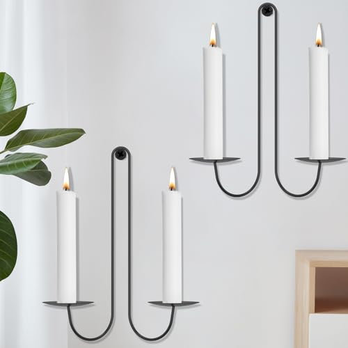 Metal Wall Mounted Candle Sconce Holder Set of 2 Double Armed Wall Candle Sticks Holder for Living Room Bedroom Farmhouse Fireplace Wedding Symmetric Black Modern Wall Candle Sconces Hanging
