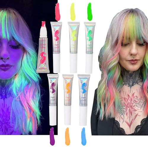 6 Colori Vivaci Tinta per Capelli Temporanea, Set Gel Capelli Neon UV, Vernice che Brilla al Buio per Capelli e Corpo, Pettine con Tinta Lavabile per Ragazze