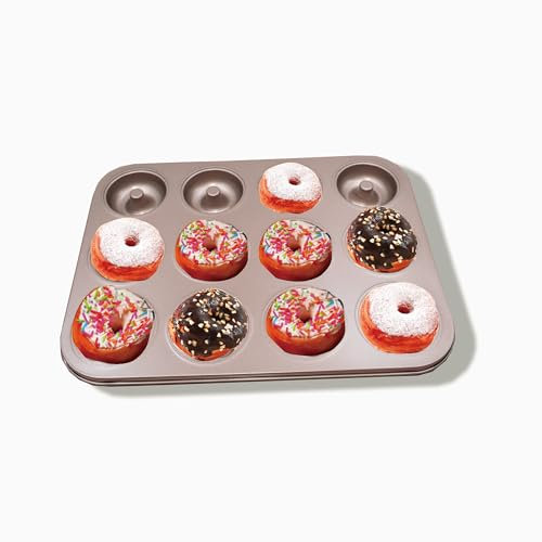 Gurlideo Donut-Backblech mit 12 Mulden, Donutbackform, Hochwertige Donut Backform mit Antihaftbeschichtung, Backblech für Donut-Muffins, Cupcakes, Gold