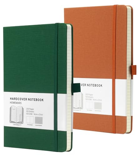HOMEMARS Notizbuch Dotted A5, Hardcover Dotted Journal mit Premium 100 GSM Dickes Papier, Notebook, 2 Stück, Grün Braun, 200 Pages, Elastisch Gebändert,mit Lesezeichen, Stiftschlaufe,14.5 cm x 21 cm