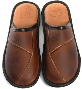 Rimo-Genuine Touch Pantofole da uomo in pelle, con suola antiscivolo, comode e robuste, fatte a mano, taglie 41-47, marrone, 47 EU