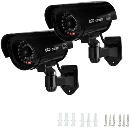 Twilight Garage Sistema de vigilancia CCTV de cámara falsa con luz LED roja intermitente con calcomanías de advertencia de seguridad, cámara de seguridad falsa para uso en exteriores e interiores