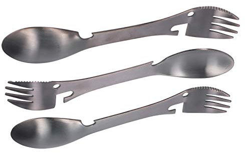 Ensemble de 3 Couteaux, Cuillères, Fourchettes, Ustensiles D'extérieur 5 en 1 en Acier Inoxydable pour Camping, Randonnée, Pique-nique, Aide de Cuisine