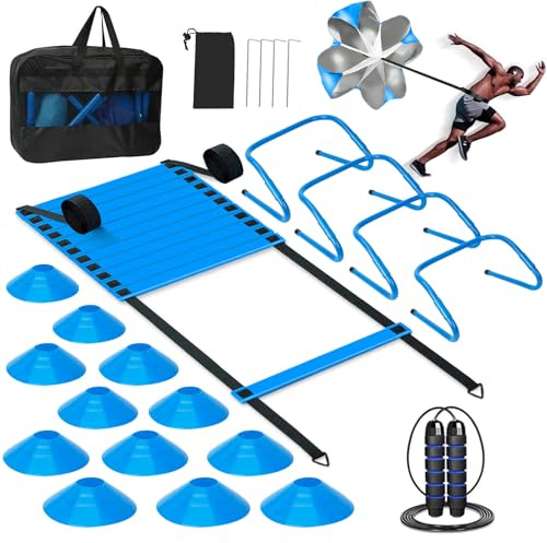YGORTECH Agility Ladder Training Equipment Set for Teenagers | Blue,Football Training Accessories,Football Training Gift,Include Agility Ladder,Cones,Hurdles,Jump Rope,Running Parachute