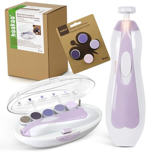 haakaa Kit tagliaunghie elettrico per neonati, bambini o adulti, per la cura delle unghie delle mani e dei piedi, set per la cura delle unghie del bambino e 4 cuscinetti di ricambio extra, colore