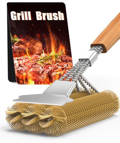 Barbecue Brush Brass, Grill Cleaning Brush Stainless Steel Scraper, Dense Stainless Steel Bristles, 39 cm Extra Long Wooden Handle, for Gas Grill, Charcoal Grill, Kettle Grill, Electric Grill and