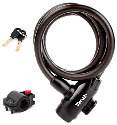 Venzio 4FT Heavy Duty Anti-Theft Bicycle Cable Lock, Bike Lock Cable with 2 Keys and Mounting Bracket, 1/2 inch(12mm) Coiled Steel Cable with Dustproof Insert for Bikes, Scooters, Gates, Fences