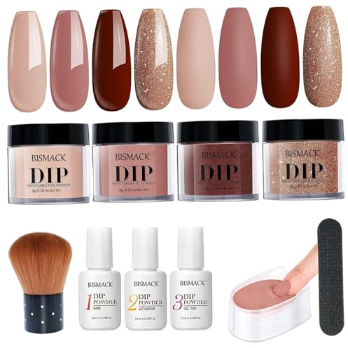 Kit de poudre de trempette 10pcs / ensemble, poudre trempette à 4 couleurs avec activateur base/couche finition, kits d'ongles pour bricolage, marron