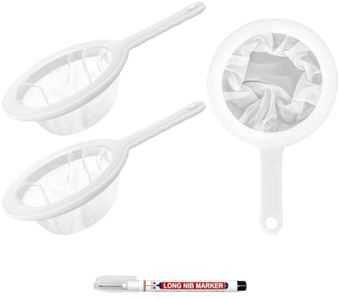 Juego de colador fino, 3 piezas 100/200/400 malla colador de pelo de cocina con mango + 1 rotulador negro para kéfir, zumo, leche, café, filtro de alimentos de plástico