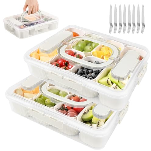 Lot de 2 boîtes à goûter avec 8 compartiments avec 8 fourchettes - Assiette à collation avec couvercle et poignée - Bol à goûter pour enfants - Organisateur pour collations, bonbons, noix, fruits
