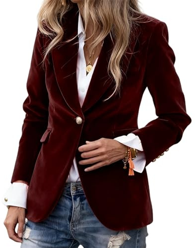 Generisch Chaqueta blazer de terciopelo para mujer, estilo vintage, corte ajustado, con botones, ropa exterior informal de negocios de manga larga, rojo, L