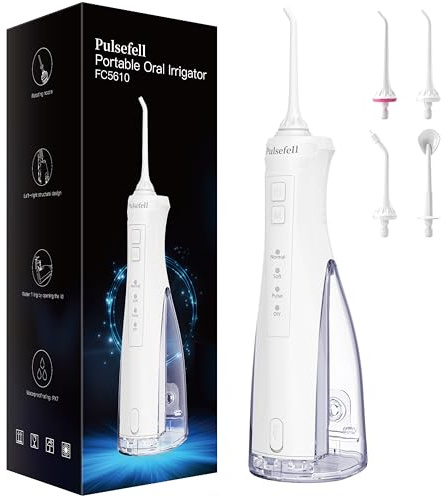 Pulsefell Jet Dentaire Hydropulseur Portable, 300 ML USB Rechargeable Sans Fil Hydropulseur Dentaire avec 4 Embouts et 4 Modes, étanche IPX7 Water Flosser pour Domicile et en Voyage (Blanc)