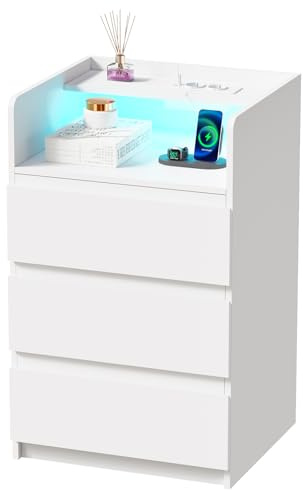 ANWBROAD Mesita de Noche con Enchufes Integrados,Mesilla de Noche con Tira de Luces LED,3 Cajones 1 Compartimento,Mesita de Noche Moderna para Dormitorios Salones (1, Blanco) BNS004W