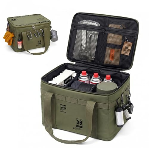 ZoneYan Bolsa de equipo de camping, 30L Bolsa Organizadora Camping, Organizador con Divisores Ajustables y Bolsillo de Malla, Oxford 900D para Picnic, Senderismo y Outdoor