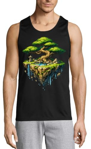 Flytande ö med forntida träd och vattenfall herr bomull linne t-shirt svart