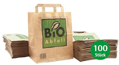 bioMat Kompostierbare 8l Papiertüten für Biomüll, 100 Biomülltüten mit Henkel aus Kraftpapier, Nassfest, Doppelter Boden