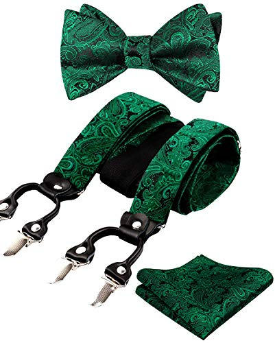 Alizeal Conjunto Ajustable con Estampado Floral para Hombre, Pajarita Auto-Ajustada, Pañuelo de Bolsillo y Tirante en Forma de Y con 6 Clips,Verde Oscuro