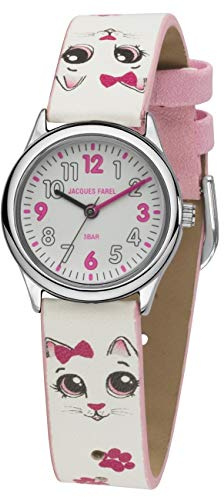 JACQUES FAREL Kinder-Armbanduhr Mädchen Katze Analog Quarz Metall Kunstleder HCC 561
