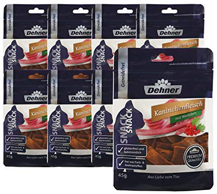 Dehner Premium Katzensnack, Leckerli getreidefrei / glutenfrei, für ausgewachsene Katzen, Kaninchenfleisch mit Weißdorn, 8 x 45 g (360 g)