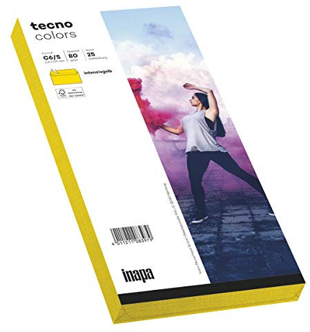 inapa Briefumschläge tecno Colors - DIN-C6/5 (114 x 229), 80 g, intensiv-gelb, haftklebend, ohne Fenster, 25 Stück