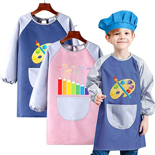 Malkittel Kinder 3-7 Jahre 2 Stück Malschürze Kinder Mit Ärmeln Kinderschürze Wasserdicht Malkittel Schule Bastelschürze Langarm mit Taschen für Kochen Malen Kunst Malerei Laboraktivität