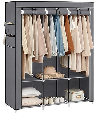 SONGMICS Guardaroba, Armadio Portatile, 3 Barre Appendiabiti, Ripiani, 4 Tasche Laterali, 45 x 130 x 167 cm, Grande Capienza per Camera da Letto, Soggiorno, Grigio RYG092G02