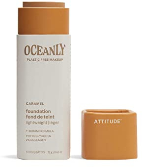 ATTITUDE Oceanly Plastic-Free Light Coverage Foundation Stick, Titanium Dioxide-Free, EWG Verified, Vegan Makeup, Caramel, 12 grams