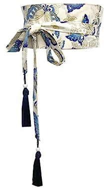 Japansk traditionell kimono-bälte kvinnor korsett tofsbälte blå vågmönster brett bälte Yukata kran Haori Obi asiatisk midjebälten, 11, 10cm width