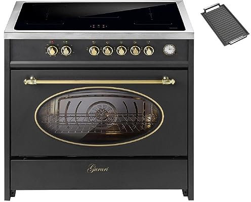 GURARI Herd mit Induktionskochfeld 90 cm 913 RU BL+Grillplatte Retro Standherd Induktions in Schwarz | Freistehender Range Coocker mit 5 Induktionszonen (2 Flex Zone) alle mit Booster