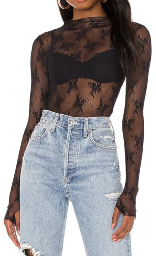 Geagodelia T-Shirt Transparent Femme Sexy en Dentelle Florale, Haut en Mesh Clubwear (Noir, M)