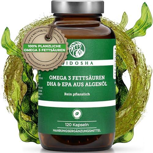 QIDOSHA® Omega 3 Algenöl Kapseln hochdosiert, 120 vegane Kapseln im Apothekerglas, 400mg DHA und 100mg EPA Omega 3 Fettsäuren aus pflanzlicher Quelle, deutsche Fertigung