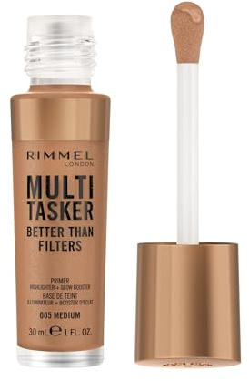 Rimmel Multi-Tasker Better Than Filters, 005 Medium, Primer Viso, Glow Booster e Illuminante, Formula Vegana, Leggera, Antietà, Pigmenti che Riflettono la Luce, Maxi Applicatore Soft-Touch, 30ml (1oz)
