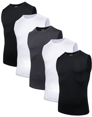 AMZSPORT 5er Pack Herren Tank Top Atmungsaktiv Kompressionsshirt Funktionsshirt Laufshirt Ärmelloses Unterhemd für Sport, Gym, Fitness und Running Schwarz Weiß Grau XL