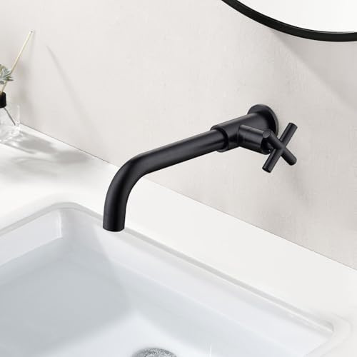 PHASAT Rubinetto da Parete in Ottone per Acqua Fredda Rubinetti per Lavanderia da Giardino Rubinetto per Lavabo da Bagno Rubinetto con Maniglia Singola per Cucina Nero PTMP20B
