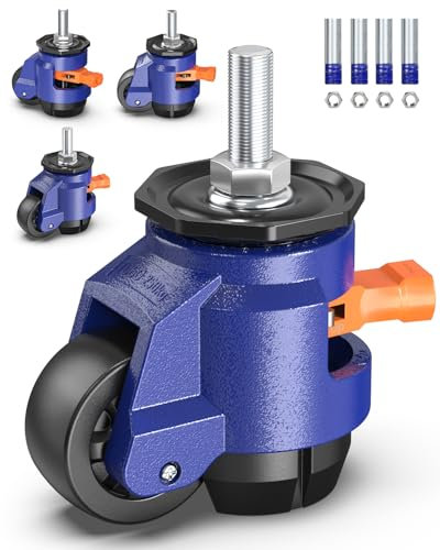 KOSTANZO Juego de 4 ruedas giratorias niveladoras de alta pesados con mango de trinquete, ruedas para muebles de tamaño de tornillo M12 y 1/2, ruedas retráctiles ajustables, capacidad total de 750kg