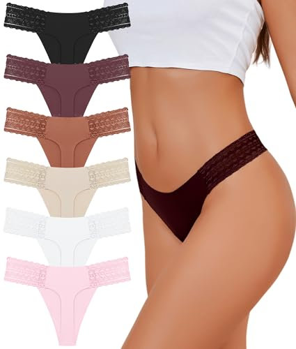 ALL OF SHE 6er Pack String Tanga Damen Nahtlose Unterwäsche Frauen Sexy Unterhosen Damen Spitze Seamless V-Waist Dessous Thong Mehrpack M