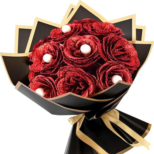 LARDUX Lot de 12 bouquets de roses rouges à paillettes avec bouquet de fleurs artificielles brillantes pour Saint-Valentin, anniversaire, remise de diplôme, anniversaire de mariage, remise de diplôme