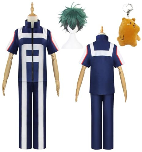 WODEJIAOBAO Uniforme de cosplay de anime My Hero Academia Deku, disfraz de cosplay con peluca, peluca de héroe verde anime, conjunto de accesorios de fiesta unisex para niñas, con 1 llavero de felpa