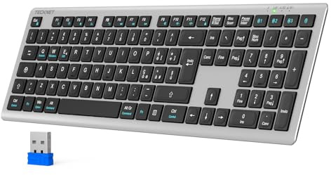 TECKNET Teclado inalámbrico Bluetooth, 4 conmutación de dispositivo (2,4 G + BT), USB C recargable, teclado inalámbrico de tamaño completo ultra fino para PC/Tablet/Windows/MacOS, disposición italiana