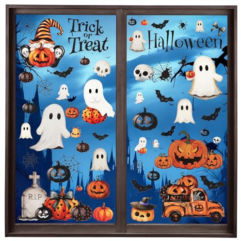 Halloween fönsterklistermärken, 8 ark halloween fönsterbilder med spöke pumpa häxmönster, fönsterklistermärke dekoration för fönster glas display dekoration