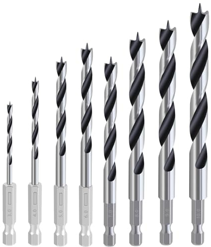 Yuentoen 8 piezas de juego de brocas para carpintería, broca helicoidal para madera dura y blanda con 1/4 de alojamiento hexagonal, broca de punta aguda, Ø 3-10 mm