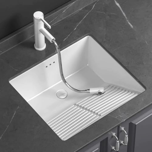 Fregadero Bajo Encimera, Lavabos Pequeños para Lavandería con Tabla de Lavar y Grifo, Pila Lavadero Rectangular Bajo Encimera para Baño con Rebosadero(47x47x22cm/18.5x18.5x8.7in)
