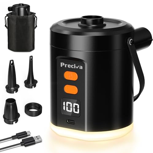 Preciva Pompe À Air Électrique avec Éclairage pour Gonflables - 5000mAh Pompe à Air Rechargeable À Gonfler/Dégonfler Rapide avec 3 Embouts pour Matelas, Piscine, Flotteurs de Piscine, Lit Pneumatique