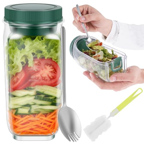 Recipiente para cápsulas de ensalada, tarro de ensalada de 800 ml con apertura lateral, cápsula de plástico reutilizable con estuche para aderezo de salsa a prueba de fugas, tenedor cuchara y cepillo